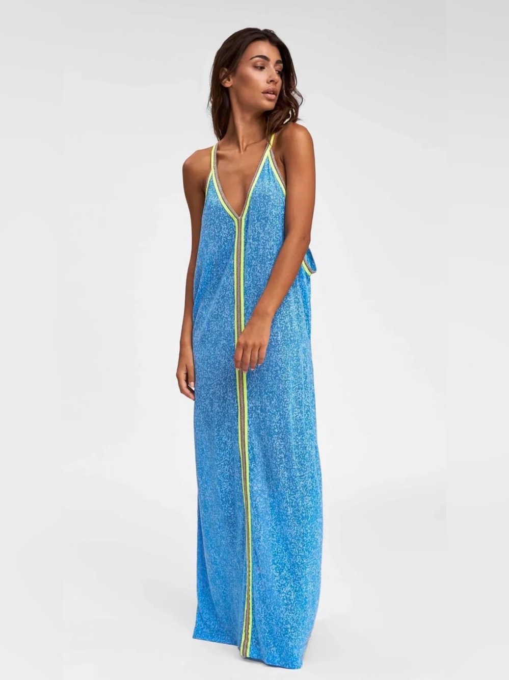 Pitusa Blue Maxi Dress with Neon Trim Beach Summer